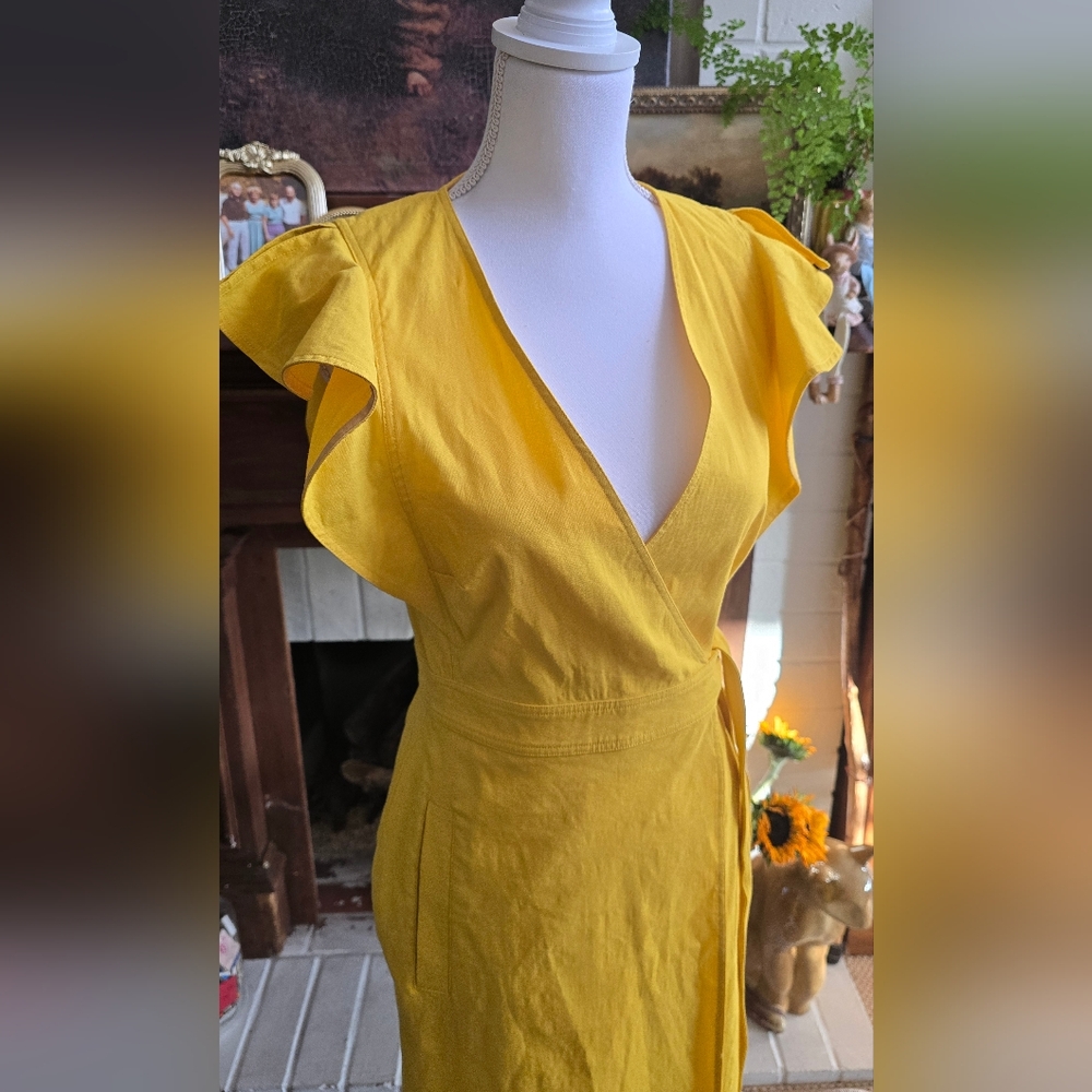 💛 A.L.C. Yellow Mustard Walker Ruffle Shoulder Belted Tie Waist Wrapped Dress 6 - Picture 3 of 12